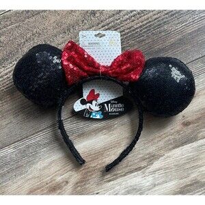 NWT Disney Minnie Mouse Ears Headband 3+ Black Sparkle Solid Red Sparkle Bow